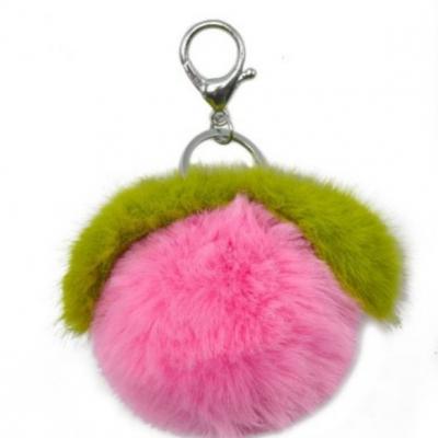 Rabbit Fur Plush Charm Fruit Elements Pink Peach Genuine Fur Pom Pom Fluffy Bag Charms Comfort Pendant Cute Key Accessories