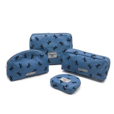 Fashion Blue Bow Print Cosmetic Bags Set - Waterproof Denim Makeup Organizer Pouches for Women (4 Sizes)
