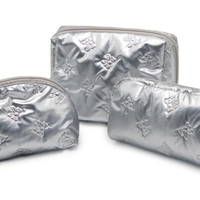 Fashion Silver Metallic Makeup Bags Set - Waterproof Butterfly Print Cosmetic Pouches for Women (3 Sizes)