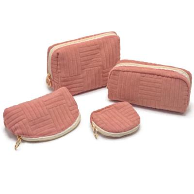 Luxury Pink Quilted Makeup Bags Set - Soft Velvet Cosmetic Pouches for Women (4 Sizes) with Metal Zipper