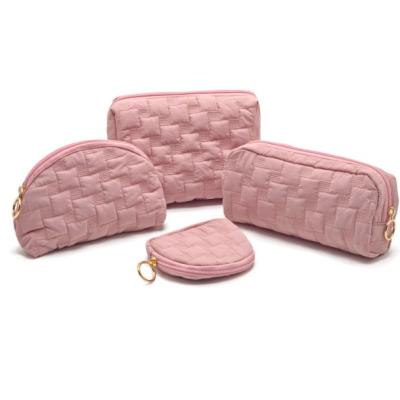 Luxury Pink Woven Makeup Bags Set - Elegant Quilted Cosmetic Pouches for Women (4 Sizes) with Metal Zipper