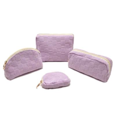 4 PCS Lavender Woven Quilted Cosmetic Bag Set - Makeup Pouch Organizer with Gold Zipper Ring for Travel and Daily Use