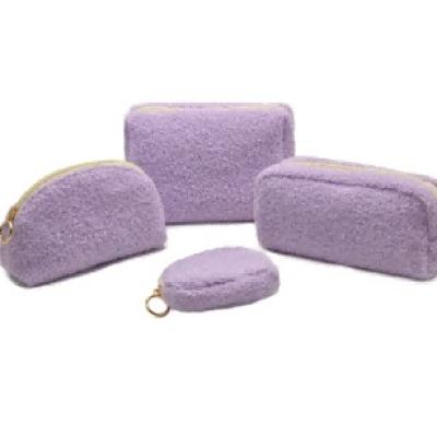 Lavender Plush Makeup Bag Set 4Pcs, Velvet Travel Cosmetic Organizer