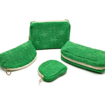Green Embroidered Makeup Bag Set 4Pcs, Jacquard Cosmetic Organizer
