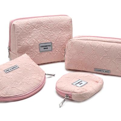 Pink Quilted Makeup Bag Set 4Pcs, Textured Cosmetic Organizer with Label