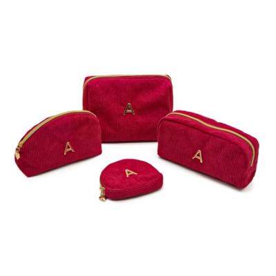 Burgundy Corduroy Makeup Bag Set 4Pcs, Embroidered “A” Cosmetic Organizer