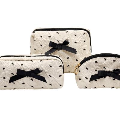 3Pcs/Set Cute Quilted Makeup Bag with Black Bow Butterfly Embroidered Cosmetic Pouch Aesthetic Travel Toiletry Organizer for Women Girls