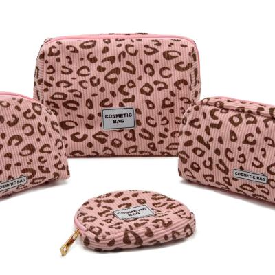 4Pcs/Set Trendy Pink Leopard Print Makeup Bag Set Corduroy Cosmetic Pouch with Label Aesthetic Travel Toiletry Organizer for Women Girls
