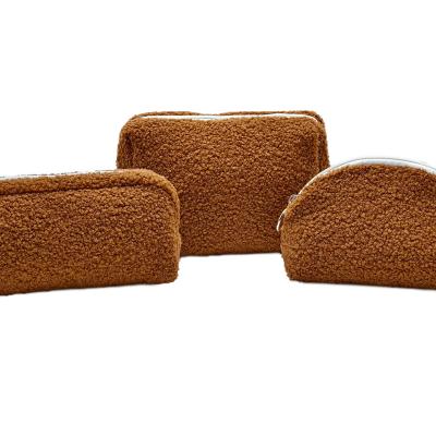 Wholesale Fluffy Lamb Fleece Cosmetic Bag Set Soft Plush Makeup Pouch Brown Zipper Toiletry Bag Travel Storage Organizer for Daily Use