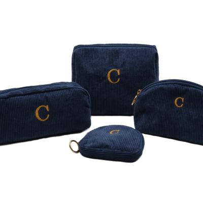 Elegant Navy Blue Corduroy Cosmetic Bag Set Gold Embroidered Letter Makeup Pouch Luxury Travel Organizer for Women Girls Bridesmaid Gift