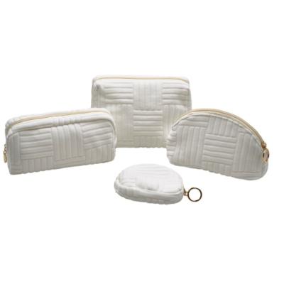 Wholesale Minimalist White Cosmetic Bag Set Braided Texture Makeup Pouch Luxury Travel Toiletry Bag with Keychain Ring for Women Girls