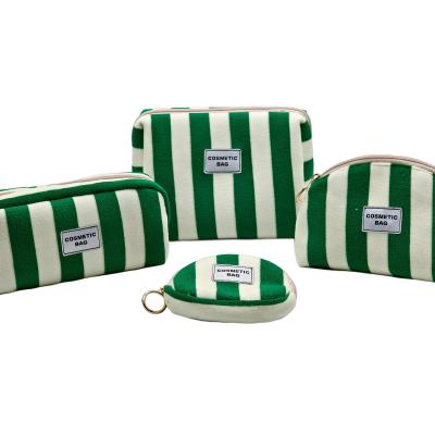 Fashion Velvet Stripe Cosmetic Bag Set 4Pcs Makeup Pouch Travel Toiletry Organizer with Small Coin Purse