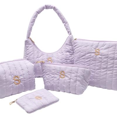 Light Purple Quilted Cosmetic Bag Set 5Pcs Initial 'S' Embroidered Puffer Makeup Pouch with Shoulder Bag Travel Organizer