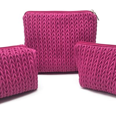 3 Pieces Set Quilted Knit Cosmetic Bag Pink Women Travel Makeup Pouch Soft Crochet Toiletry Bag Zippered