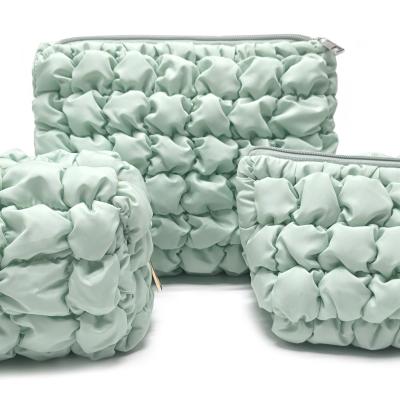 Mint Green Bubble Makeup Bag Set 3Pcs Ruched Puffer Cosmetic Pouch Puffy Quilted Toiletry Organizer for Women Travel