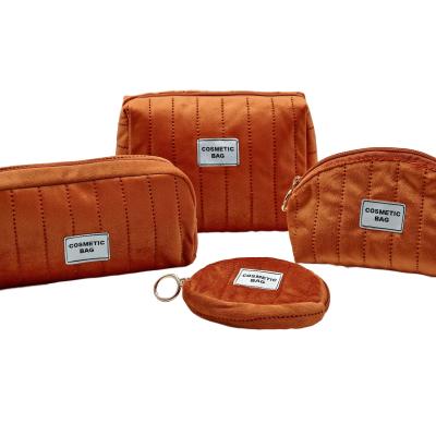 Luxury Pumpkin Color Velvet Cosmetic Bag Set 4 In 1 Multi-size Makeup Pouch with Zipper Portable Travel Toiletry Organizer