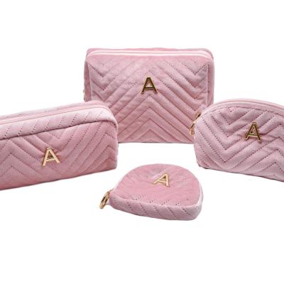 Wholesale Custom Logo Quilted Velvet Cosmetic Bag Set 4 in 1 Pink Plush Makeup Pouch Travel Toiletry Bag with Heart Coin Purse