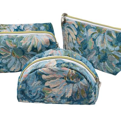 Bohemian Tapestry Makeup Bag Set 3Pcs Vintage Flower Jacquard Cosmetic Pouches with Zipper Travel Toiletry Organizer Aesthetic Beauty Storage for Girls