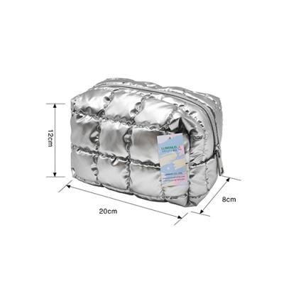 Luxury Quilted Cosmetic Bag Metallic Silver Large Capacity Women Travel Puffer Makeup Bag Toiletries Pouch 